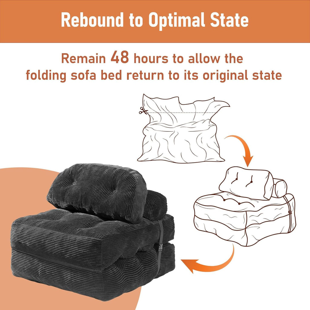 Folding Sofa Bed, Convertible Sleeper Chair with Back Support and Pillow | Foldable Couch for Living Room/Guest Use/Home Office, Foldable Chair Bed for Adults, Dark Gray