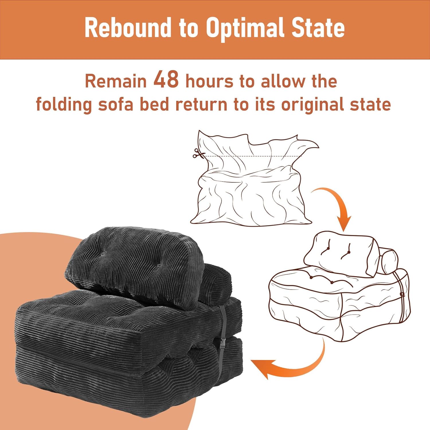 Folding Sofa Bed, Convertible Sleeper Chair with Back Support and Pillow | Foldable Couch for Living Room/Guest Use/Home Office, Foldable Chair Bed for Adults, Dark Gray