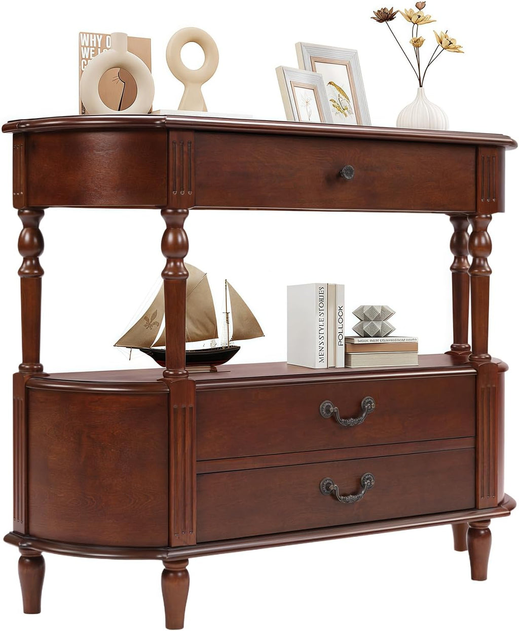 Solid Wood Retro Curved Console Table, 43" Half Moon Console Table Sofa Table Entryway Table with 3 Drawers Open Shelf Pine Roman Legs Curved Corners for Living Room,Entryway,Hallway,Cherry