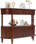 Solid Wood Retro Curved Console Table, 43" Half Moon Console Table Sofa Table Entryway Table with 3 Drawers Open Shelf Pine Roman Legs Curved Corners for Living Room,Entryway,Hallway,Cherry