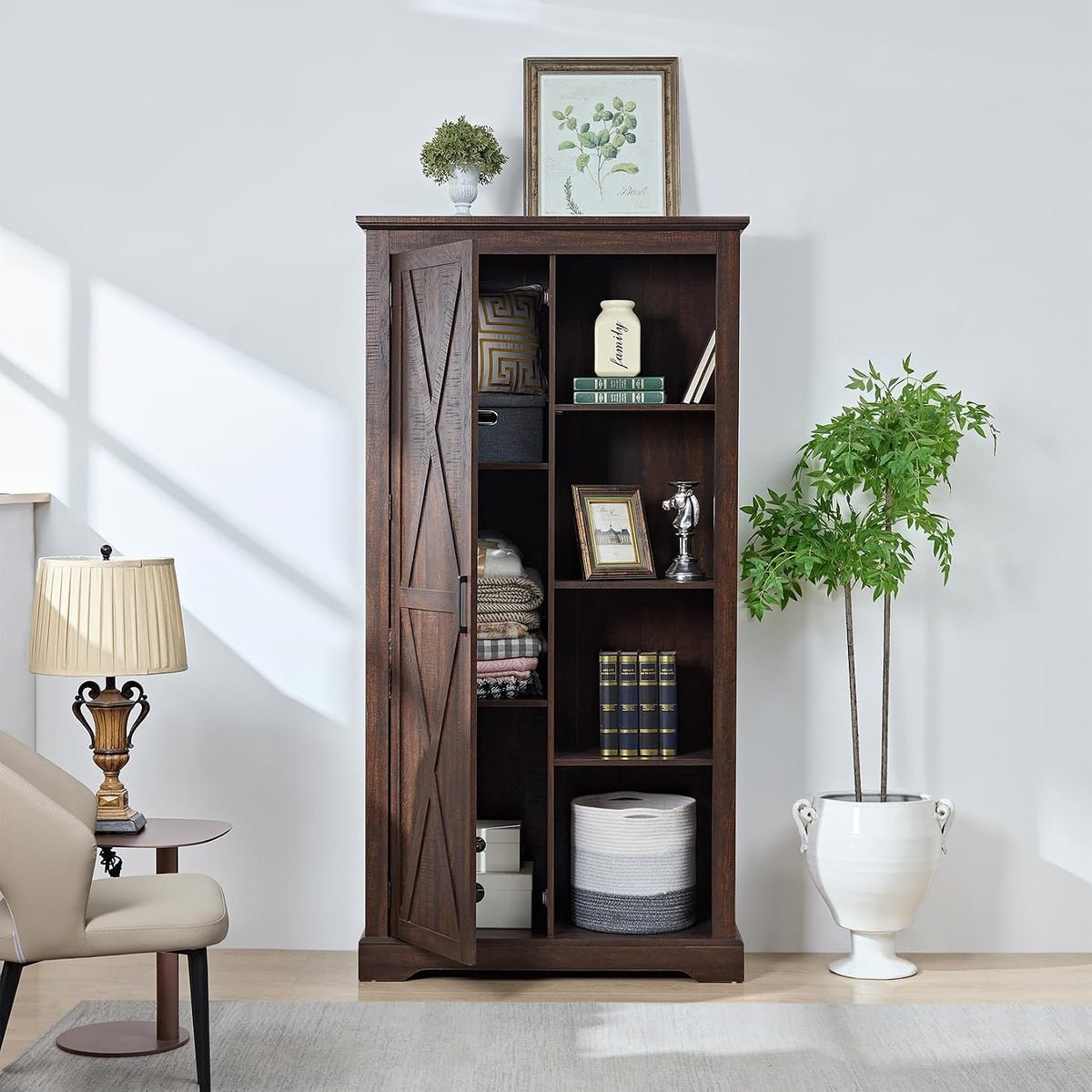 Farmhouse Kitchen Pantry Storage Cabinet 74.4" H, with Barn Doors and Shelves, Freestanding Cupboard Kitchen Organizer Furniture for Dining Room Living Room, Laundry, Espresso