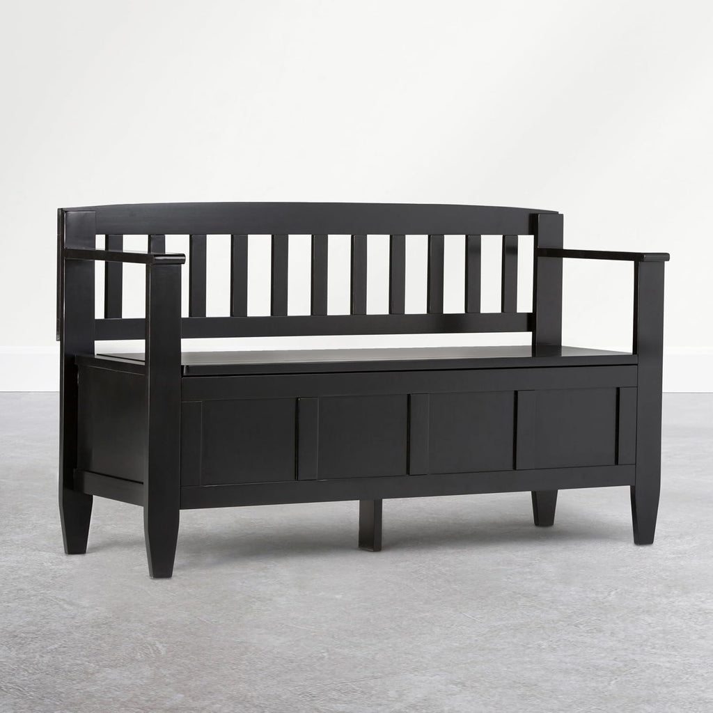 SIMPLIHOME Brooklyn Entryway Storage Bench - 48 inch Wide Solid Wood Storage Seat in Deep Black, Contemporary Bench for Entryway or Living Room with Lift-Up Lid and Slatted Backrest