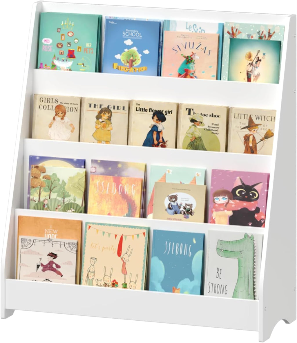 4-Tier Kids Bookshelf Toddler Book Display for Bedroom Playroom | Multi-tier open display shelf for books and toys. Durable engineered wood. Perfect for kids bedroom, playroom, or classr