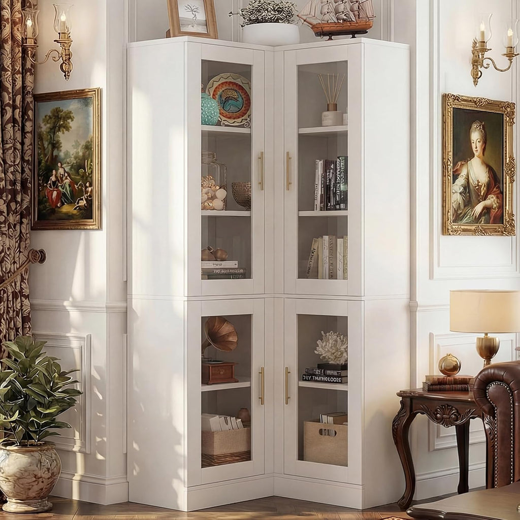 Armocity Corner Pantry Cabinet with Doors, 70" Tall Corner Storage Cabinet with LED Lights, 6-Tier Kitchen Pantry Cabinet, White