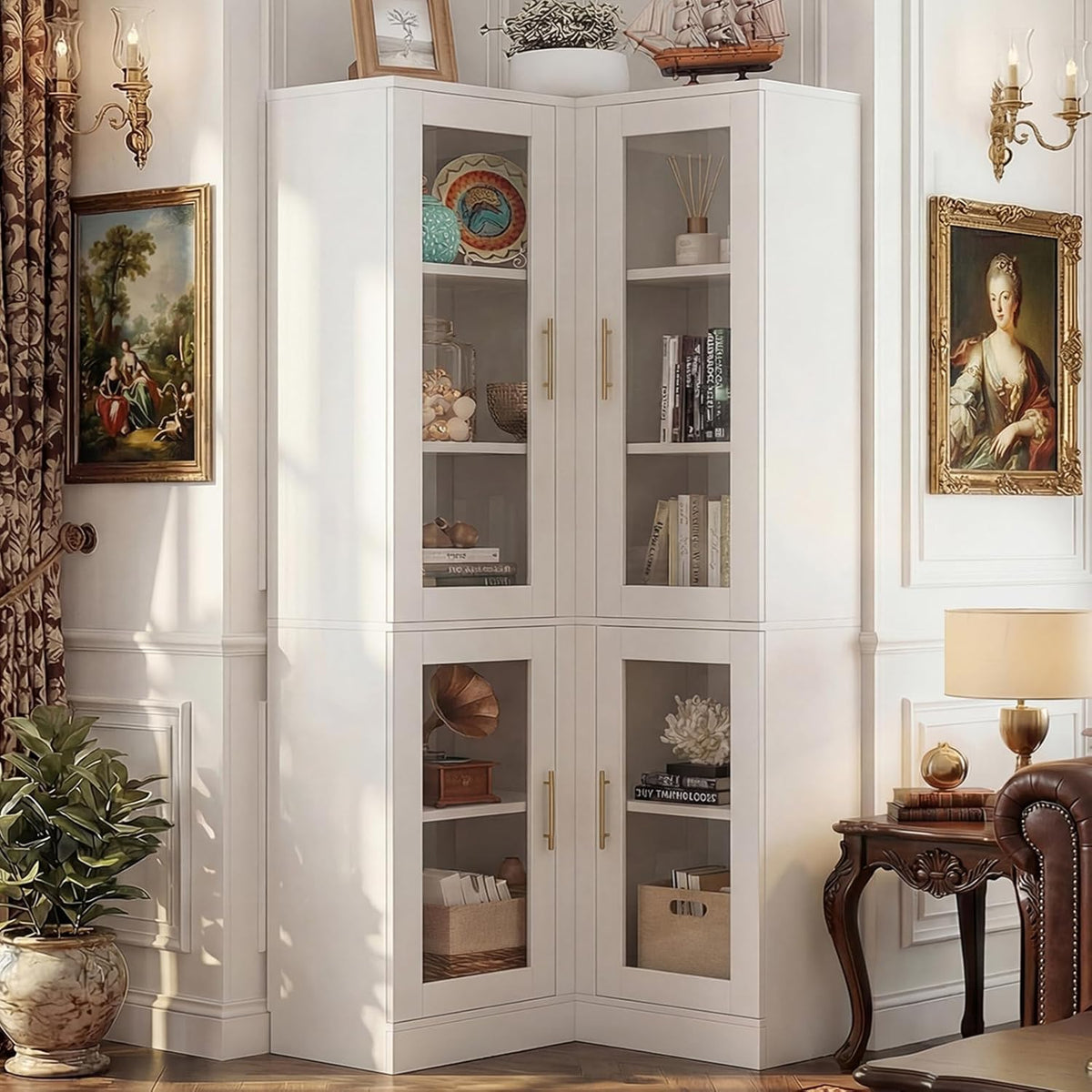 Armocity Corner Pantry Cabinet with Doors, 70" Tall Corner Storage Cabinet with LED Lights, 6-Tier Kitchen Pantry Cabinet, White