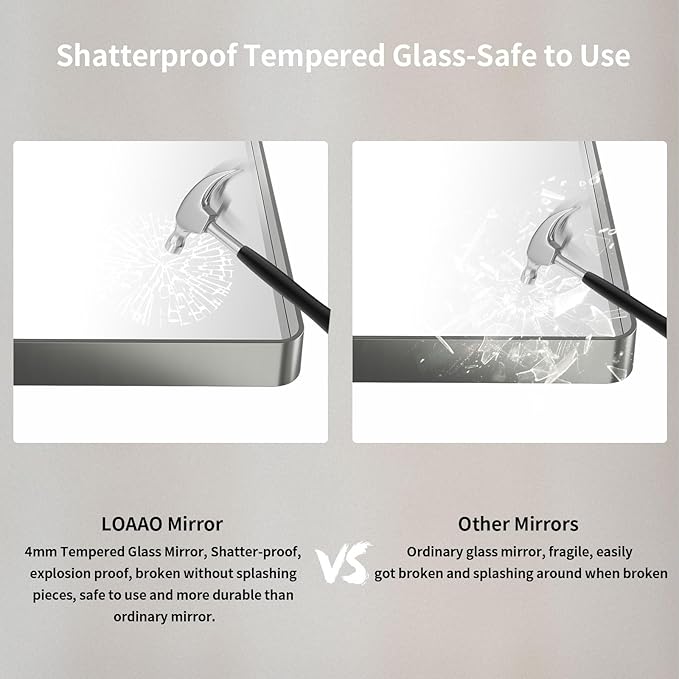 LOAAO 38X38 Inch Brushed Nickel Bathroom Mirror, Rounded Rectangle Silver Metal Frame Mirror, Brushed Nickel, Anti-Rust, Shatter Proof, Hangs Horizontally or Vertically