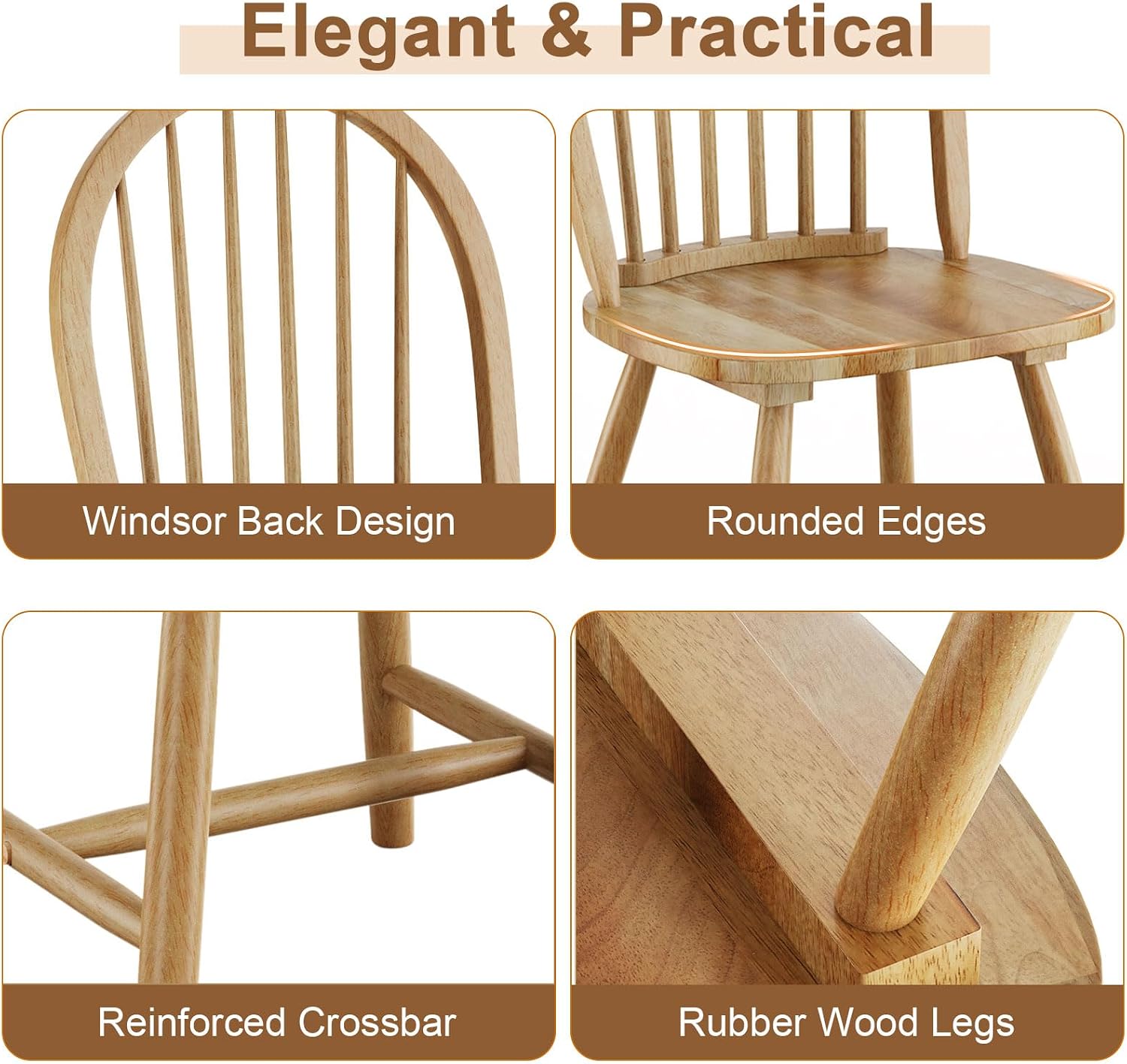 18" Oak Dining Chairs Set of 2, Wood Windsor Chair with Spindle Back for Country Farmhouse Kitchen Island