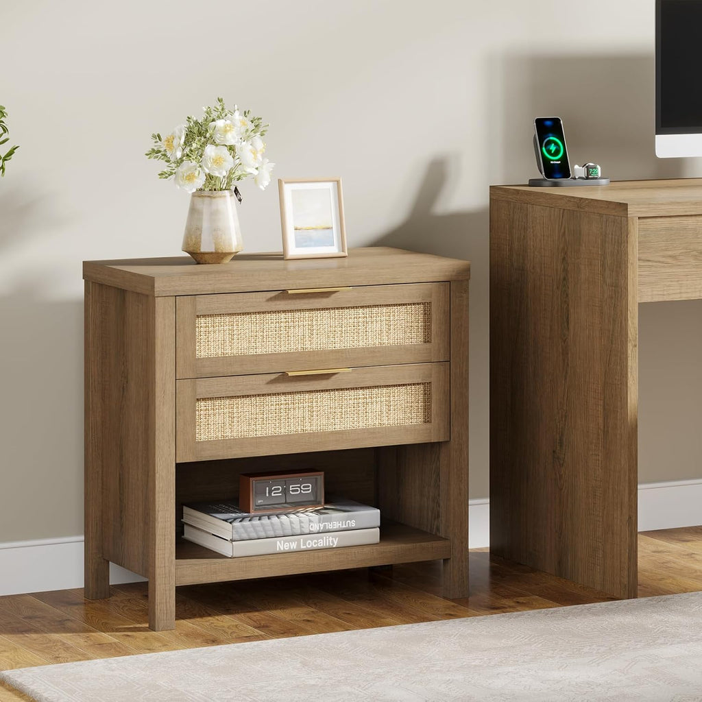 Eclatara Rattan Nightstands Set of 2 with 2 Drawers and Storage Shelf | Rattan Boho Farmhouse Bedside Table Accent Night Stands for Bedroom Large Space Sofa (2, Reclaimed Caramel Oak)