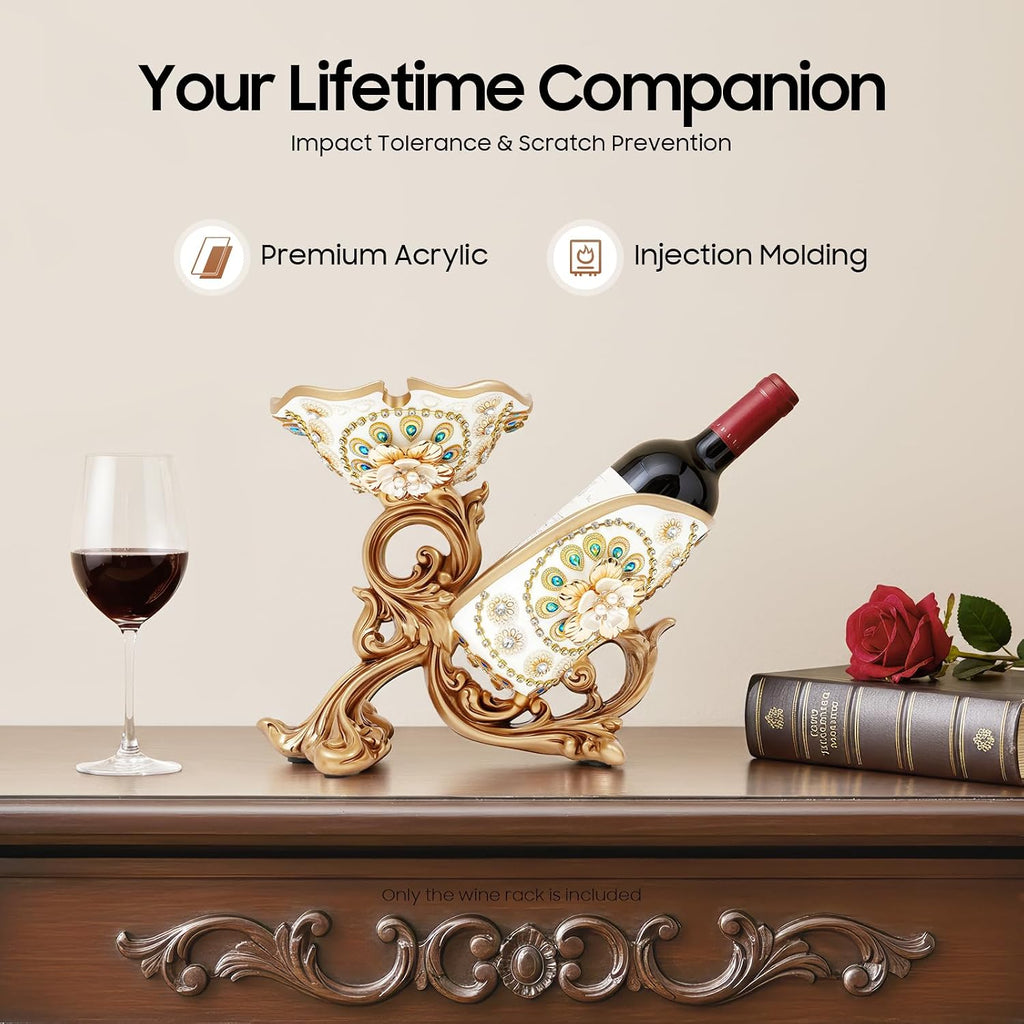 Tabletop Golden Luxury Cameo Wine Rack, Countertop Acrylic & Resin Bottle Display Holder with 3 Glass Notches, Elegant Flower Diamond Wine Decor for Kitchen Bar Gifts, Holds 1 Bottle and 3 Glasses