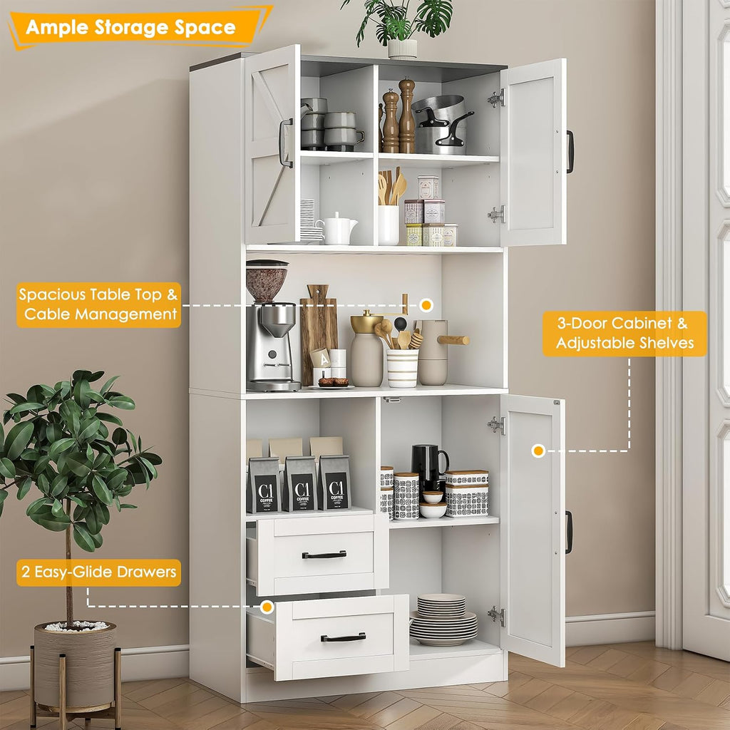Kitchen Pantry Storage Cabinet with LED Lights and Power Strip, Tall Farmhouse Kitchen Pantry with Barn Doors and Drawers, Adjustable Shelves for Dining Living Room (White)
