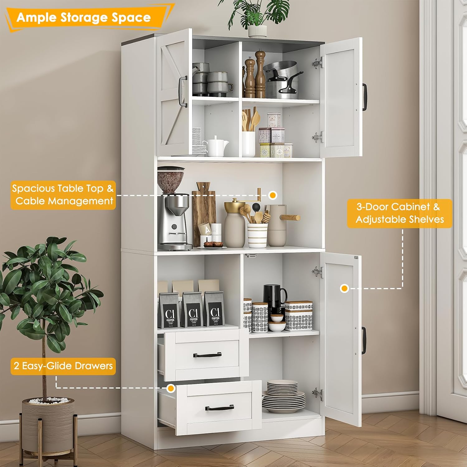 Kitchen Pantry Storage Cabinet with LED Lights and Power Strip, Tall Farmhouse Kitchen Pantry with Barn Doors and Drawers, Adjustable Shelves for Dining Living Room (White)