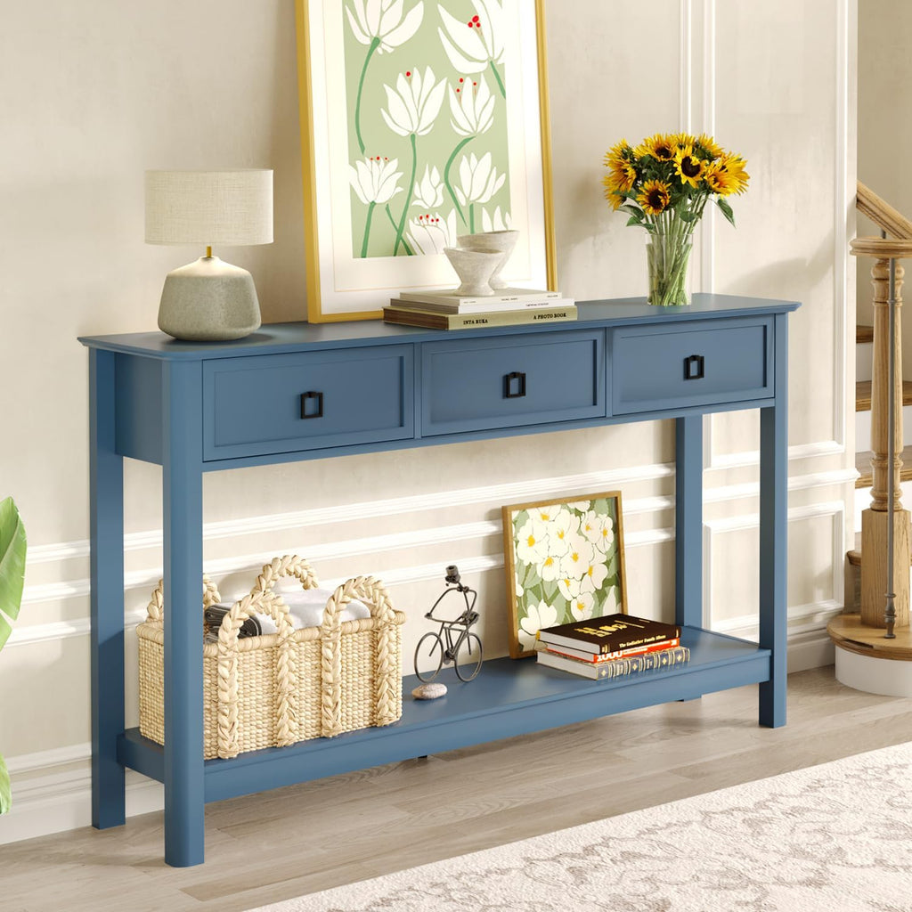 Treocho 53.1" Console Table with 3 Drawers, Sofa Table Behind Couch, 2 Tier | Long Entryway Table with Storage, Modern, For Hallway, Living Room, Blue