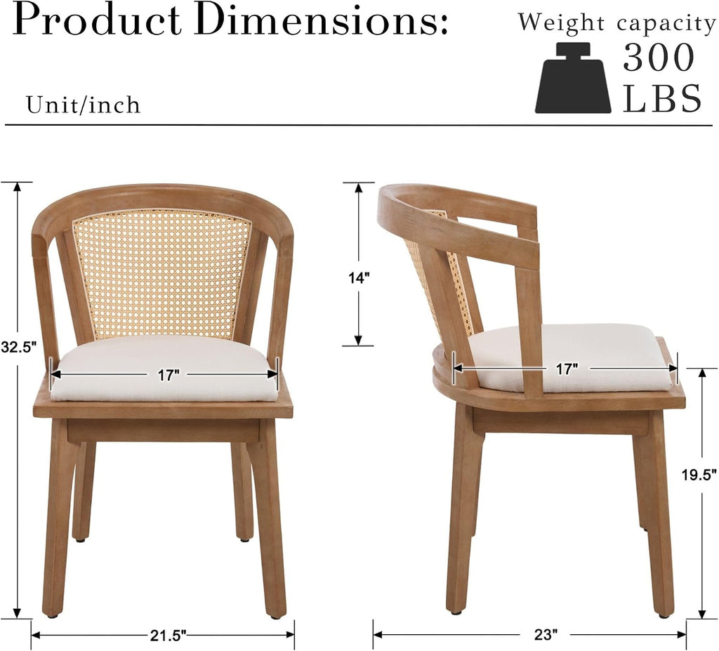 BESTANO Rattan Dining Chairs Set of 4, Mid Century Modern Farmhouse Wood Dining Room Chairs, Upholstered Comfortable Kitchen Dining Side Chair with Cane Woven Back, Beige Linen