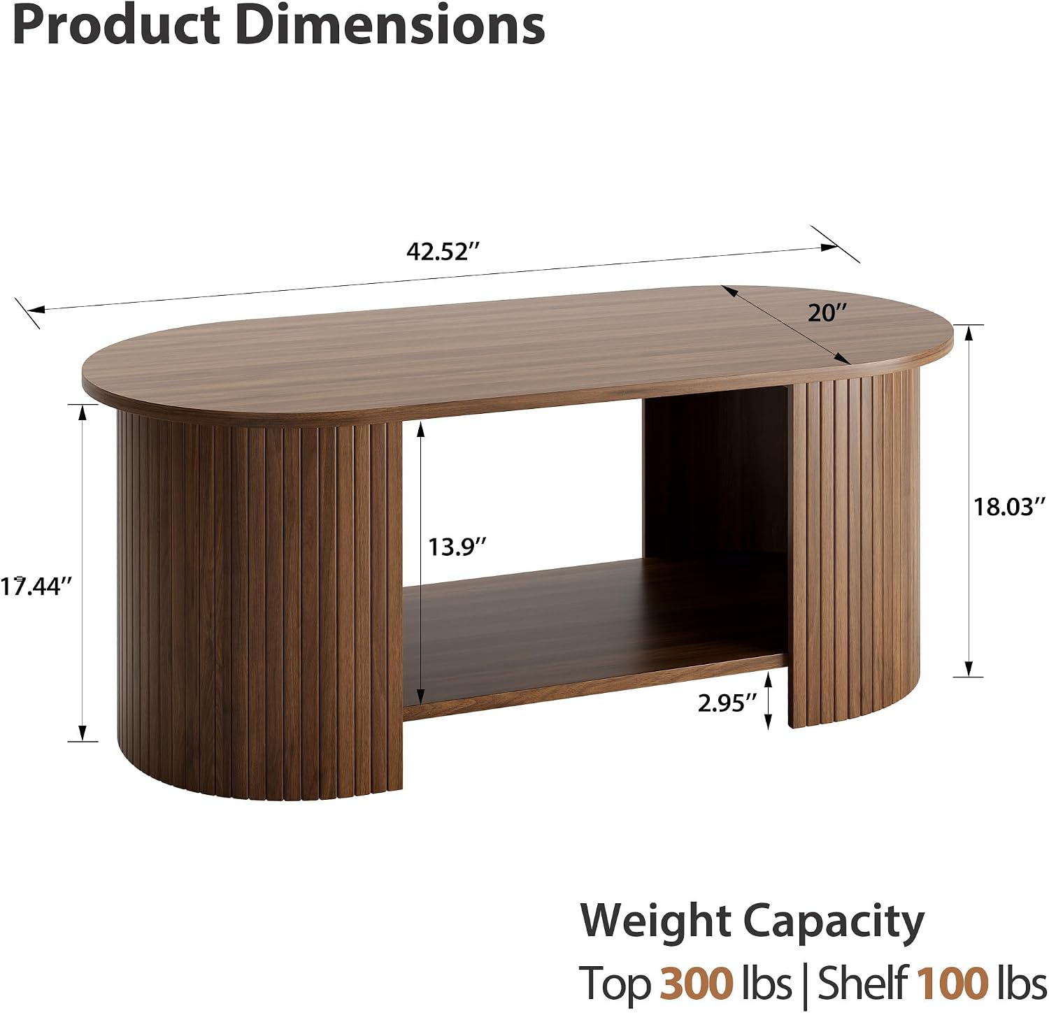 42" Oval Fluted Coffee Table, 2-Tier Center Table with Large Storage, Mid-Century Modern Wood Coffee Table for Living Room, Home Office, Small Space, Walnut