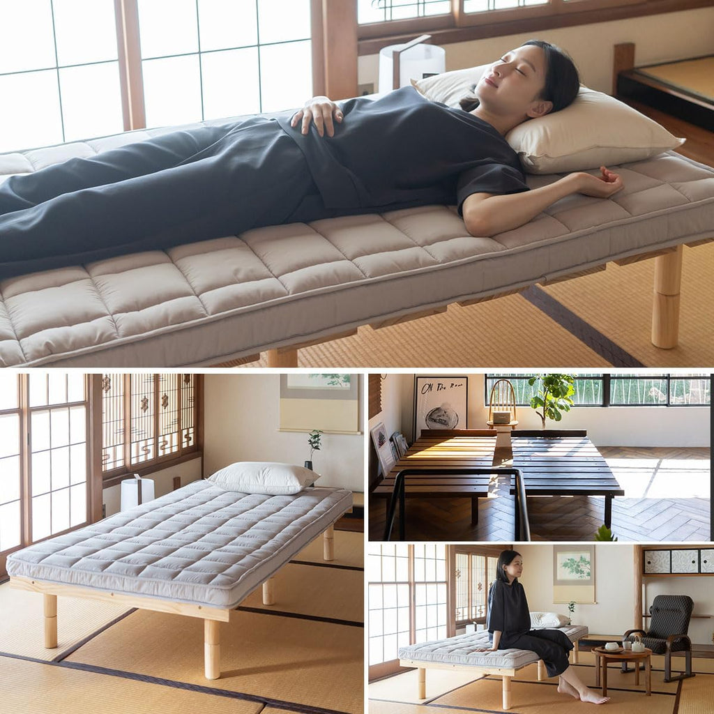 EMOOR Japanese Futon Mattress & Wood Slatted Bed Set Machi-OSMOS Twin (Earth-Natural), Solid Pine 3-Heights Adjustable Easy-Assemble Japanese Sleeping Bed Tatami Mat