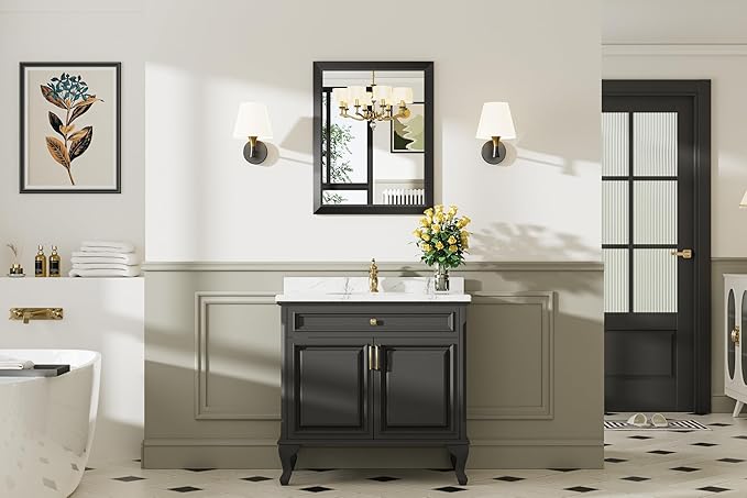24x30 Inch Black Bathroom Mirror for Wall, Thick Metal Framed Rectangle Mirrors for Over Sink, Bedroom, Living Room, Entryway, Anti-Rust, HD Tempered Glass