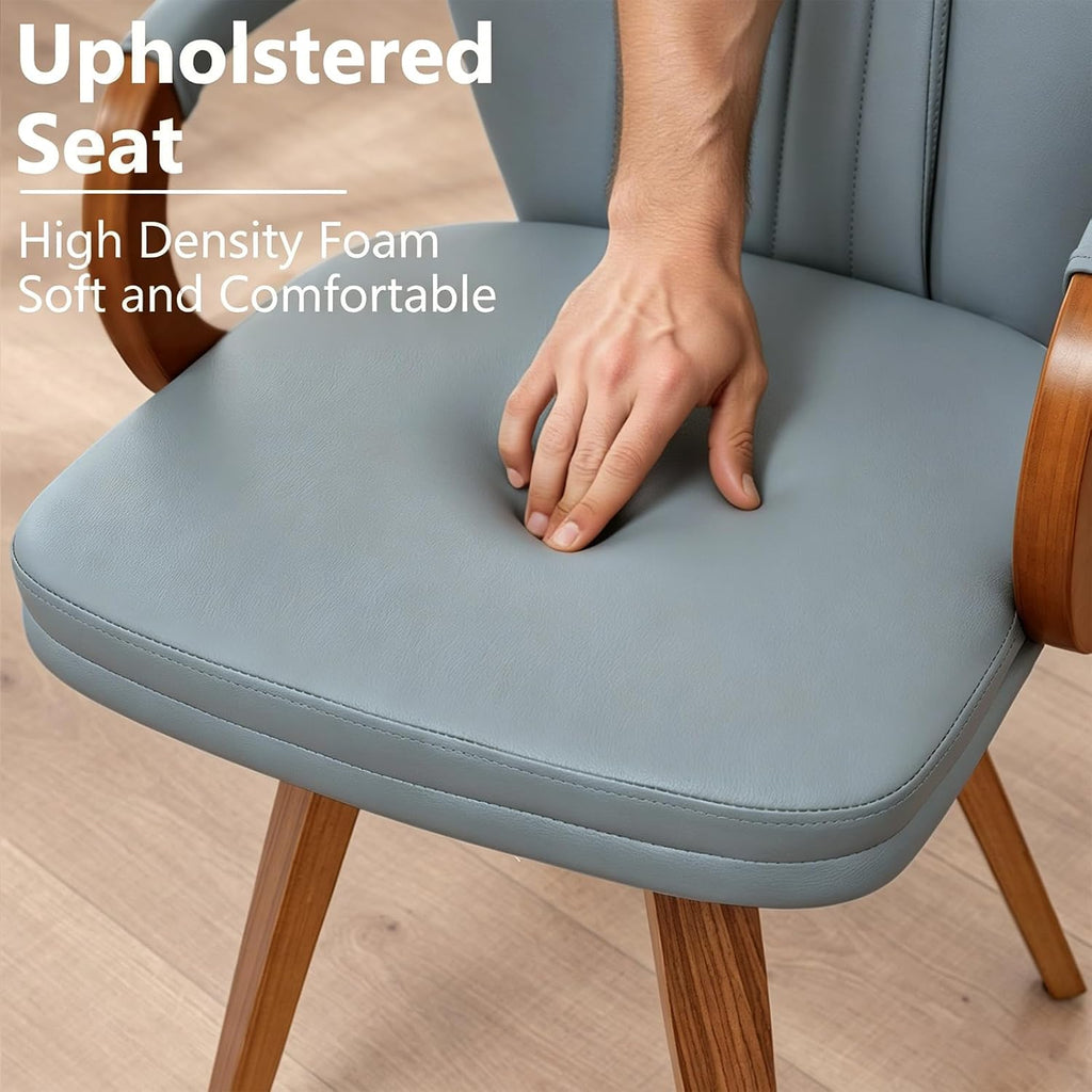 Swivel Dining Chairs with Arms | Mid Century Modern Blue Faux Leather Kitchen Chairs,Bentwood Side Chairs,Ergonomic Wood Accent Chair No Wheels 1PCS