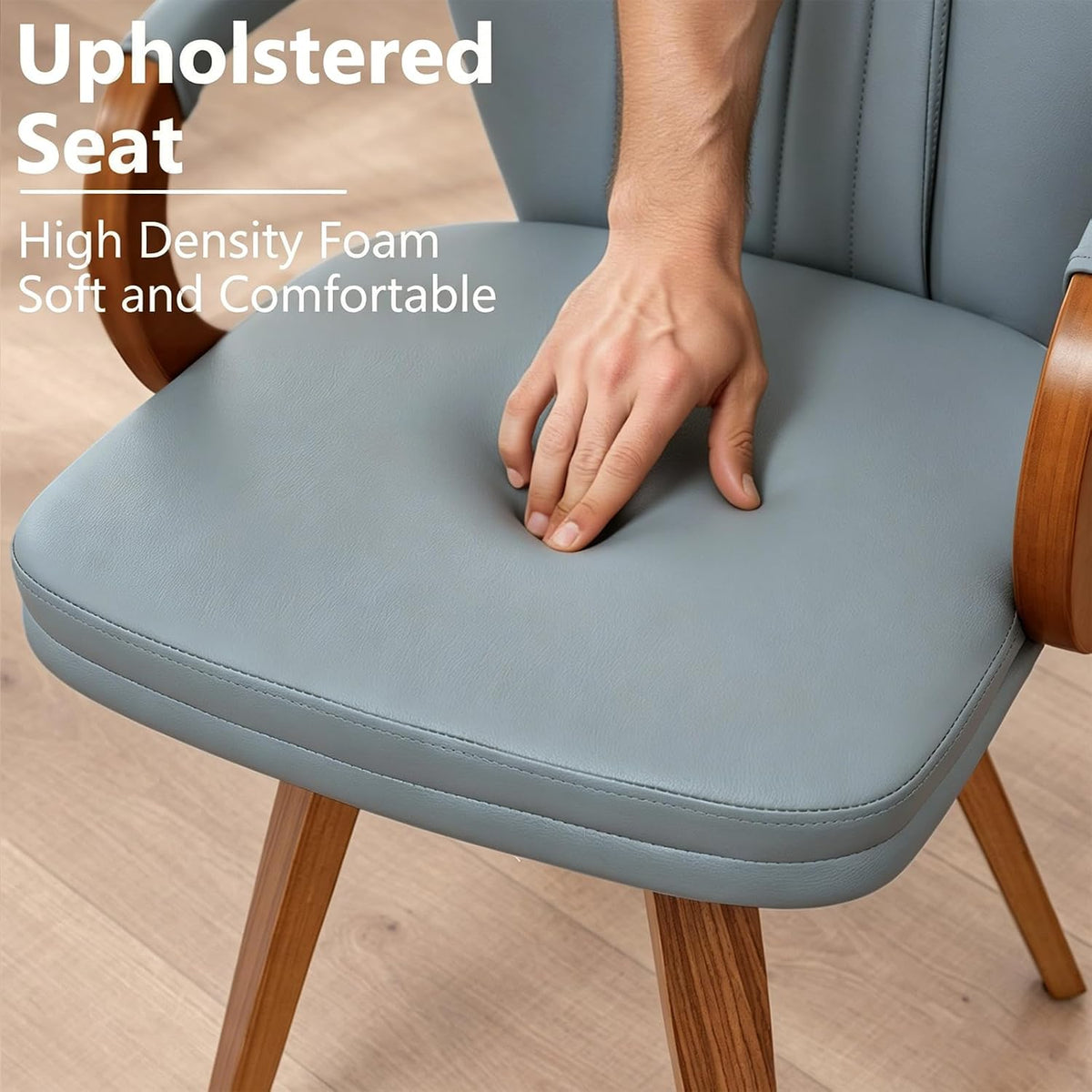 Swivel Dining Chairs with Arms | Mid Century Modern Blue Faux Leather Kitchen Chairs,Bentwood Side Chairs,Ergonomic Wood Accent Chair No Wheels 1PCS