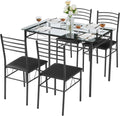 VECELO Dining Table Set for 4, 5-Piece Glass Kitchen Table with Upholstered Padded Chairs for Small Space, Breakfast Nook, Space-Saving, Black