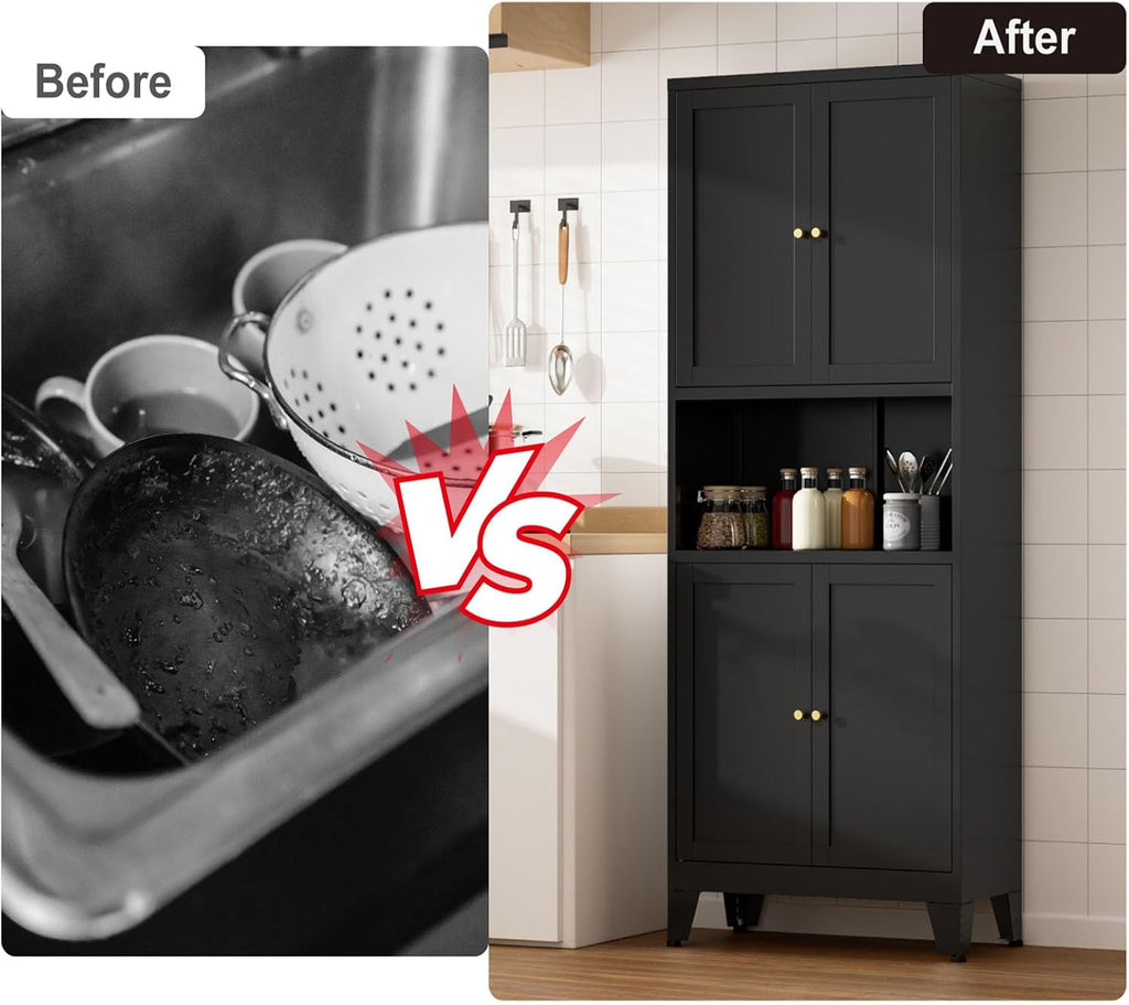 Metal Kitchen Pantry Cabinet, 69" Tall Black Storage Cabinet with 4 Doors and 3 Adjustable Shelves, Freestanding Cupboards with Microwave Stand for Dining Room, Living Room, Bathroom