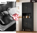 Metal Kitchen Pantry Cabinet, 69" Tall Black Storage Cabinet with 4 Doors and 3 Adjustable Shelves, Freestanding Cupboards with Microwave Stand for Dining Room, Living Room, Bathroom