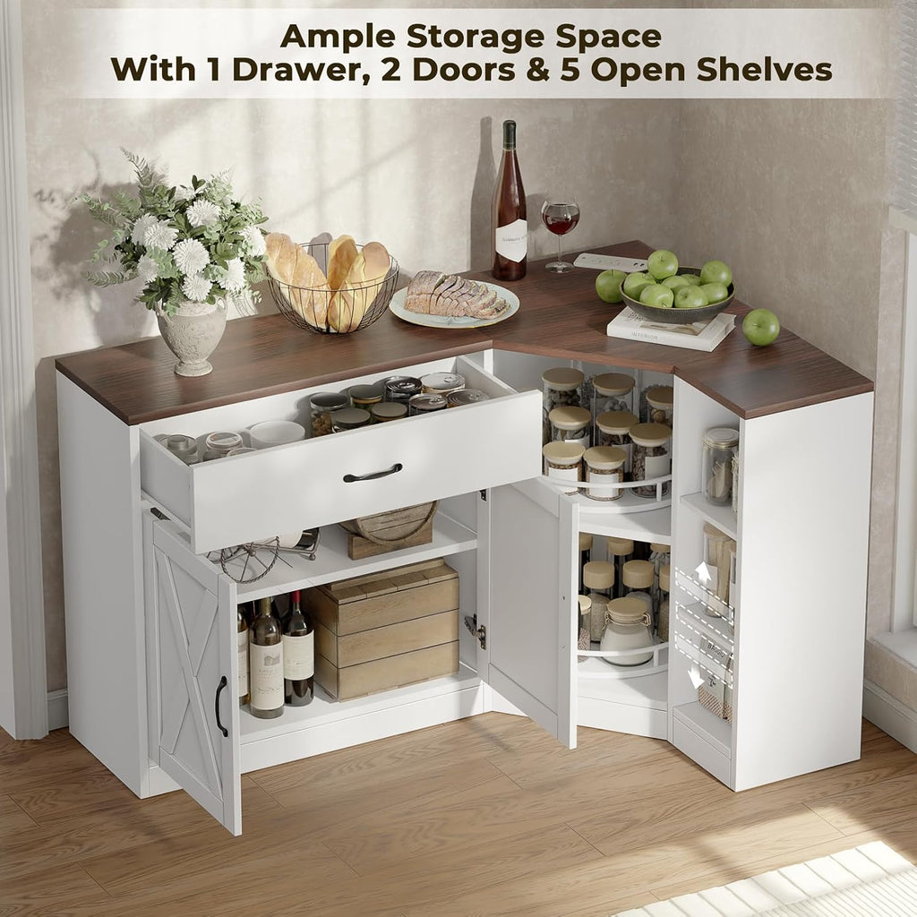 Corner Cabinet w/Charging Station, Kitchen Pantry w/Lazy Susan Turntable | Farmhouse Food Pantry Cabinet w/Drawer & Doors & Adjustable Shelf, L-Shaped Sideboard for Dining Room (White)