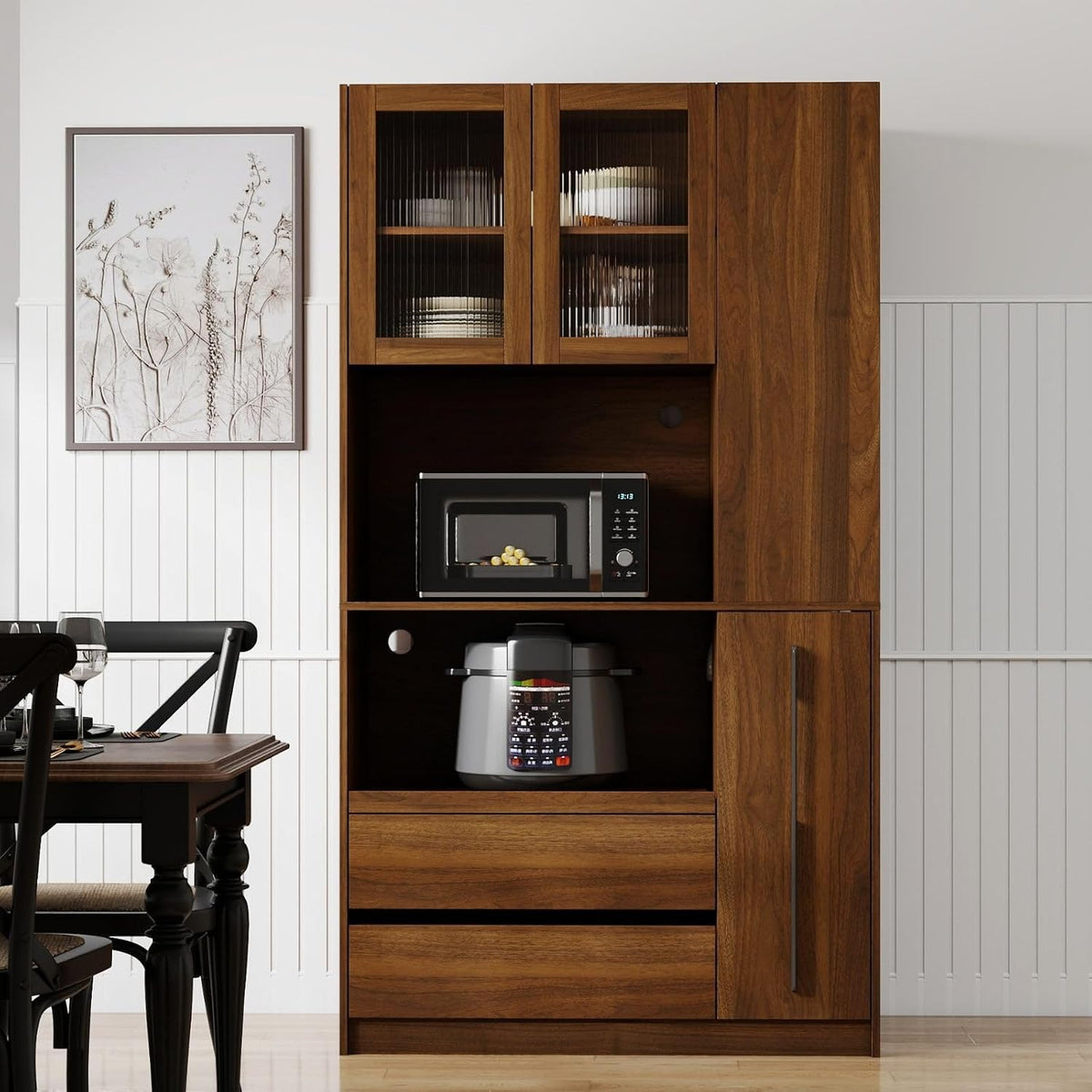 70.87" Kitchen Pantry Cabinet with Microwave Stand, Multi-Tier Pull-Out Storage Shelf, 4-Tier Side Shelf & Glass Door, Freestanding Food Hutch Buffet Sideboard for Dining Room, Walnut