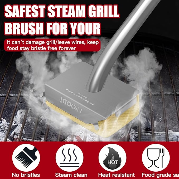 Steam Grill Brush-Grill Brush Bristle Free,Reinforced Grill Cleaner Scraper, Aramid Fiber Twill Pads,Replaceable Head Barbecue Grill Cleaner Brush,Heat-Resistant Twill Pads & Steam Cleaning Tool