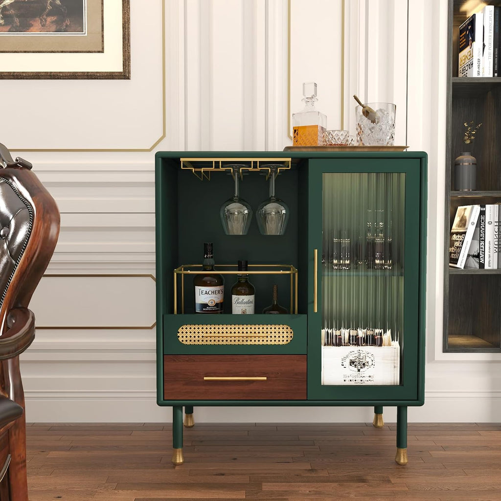 ARTPOWER Modern Coffee Bar Cabinet with Pull-Out Wine Storage, Green | Bar Cart with Wine Glass Rack and Drawers, Liquor Cabinet for Kitchen, Dining Room, Living Room