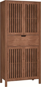 BVIUNTWO Farmhouse Wooden Kitchen Pantry Storage Cabinet, Tall Storage Cupboard with Slatted Doors & Drawer, 68.8" Freestanding Cabinet for Kitchen, Dining Room, Living Room, Brown