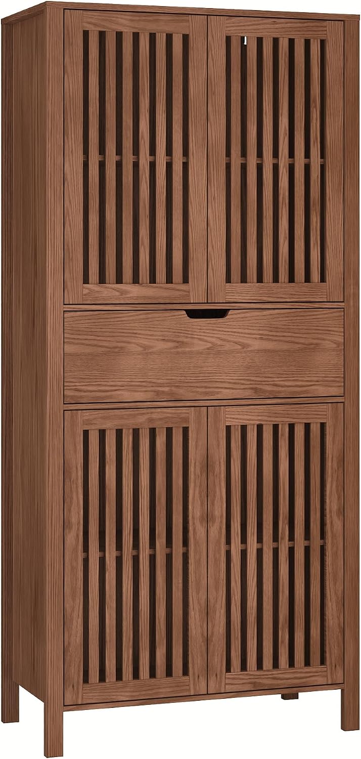 BVIUNTWO Farmhouse Wooden Kitchen Pantry Storage Cabinet, Tall Storage Cupboard with Slatted Doors & Drawer, 68.8" Freestanding Cabinet for Kitchen, Dining Room, Living Room, Brown