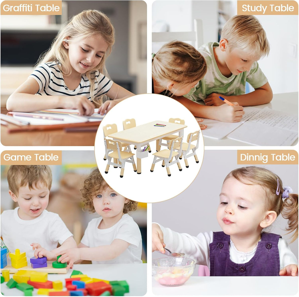 Jojoka Kids Table and 6 Chairs Set, Adjustable Toddler Activity Table Set, Wipe-Clean Desktop, Non-Slip Legs, Height Adjustable Kids Furniture for Home, Preschool, Daycare, Ages 2-10-Natural