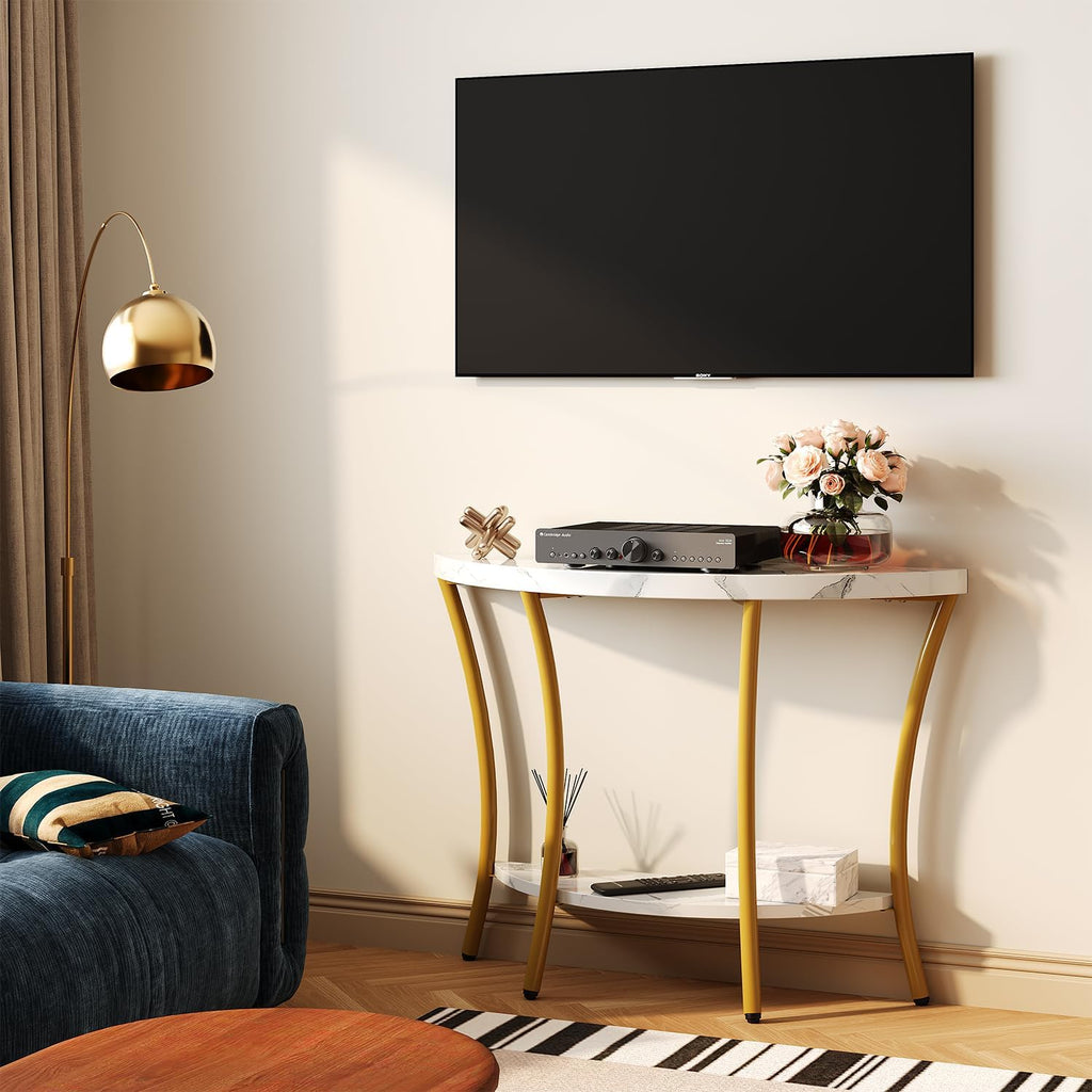 39.4" Console Table with Half Moon Wood Shelves, 2 Tier Modern Entryway Table with Curved Metal Frames, Narrow Sofa Couch Table for Hallway, Entrance, Living Room, Foyer, White Marble & Gold