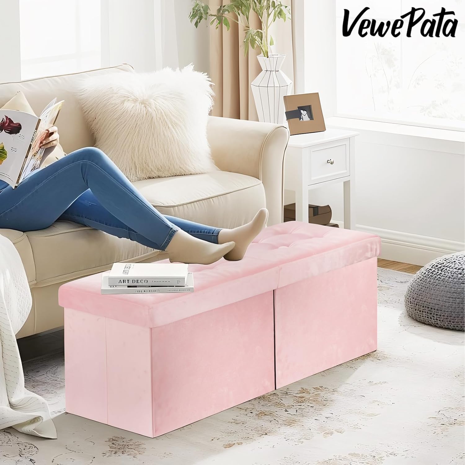 Storage Ottoman Bench, 34" Teddy Velvet Folding Foot Rest, Pink | Large Ottoman with Storage, Thicker Foam Padded Seat, 34 x 13 x 13in, Livingroom, Dorm, Bedroom, Easy to install, 86L