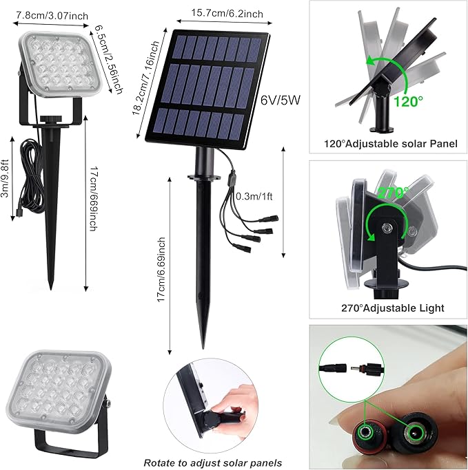 Solar Spot Lights Outdoor, 20 LED IP65 Waterproof Landscape Lighting, Dusk-to-Dawn 6000K Cold White Spotlights for Yard Garden Driveway Porch Walkway, 2-in-1