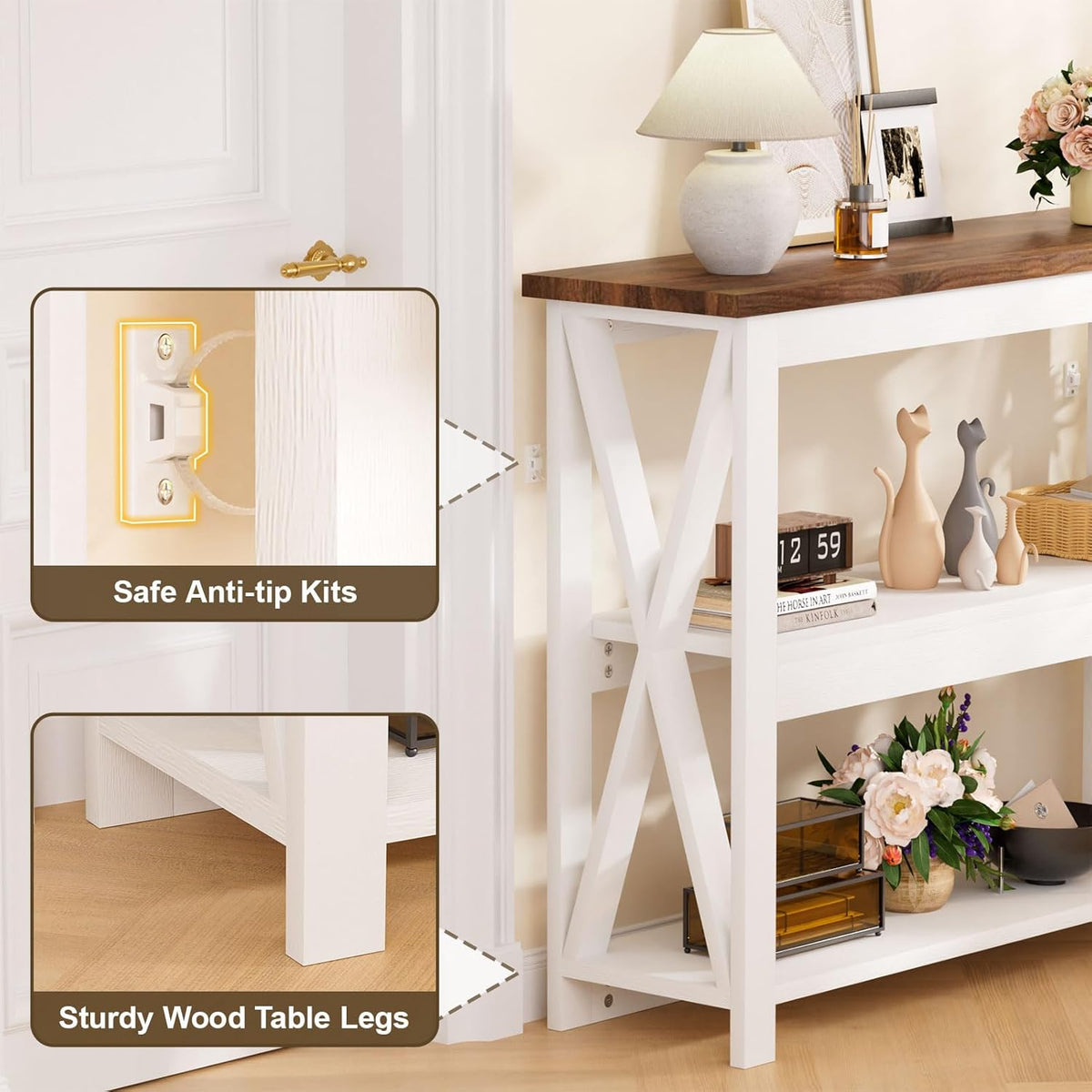 3-Tier Wood Entryway Table: 41" Narrow Console Shelf for Hallway - Farmhouse Sofa Desk Storage for Living Room (White)