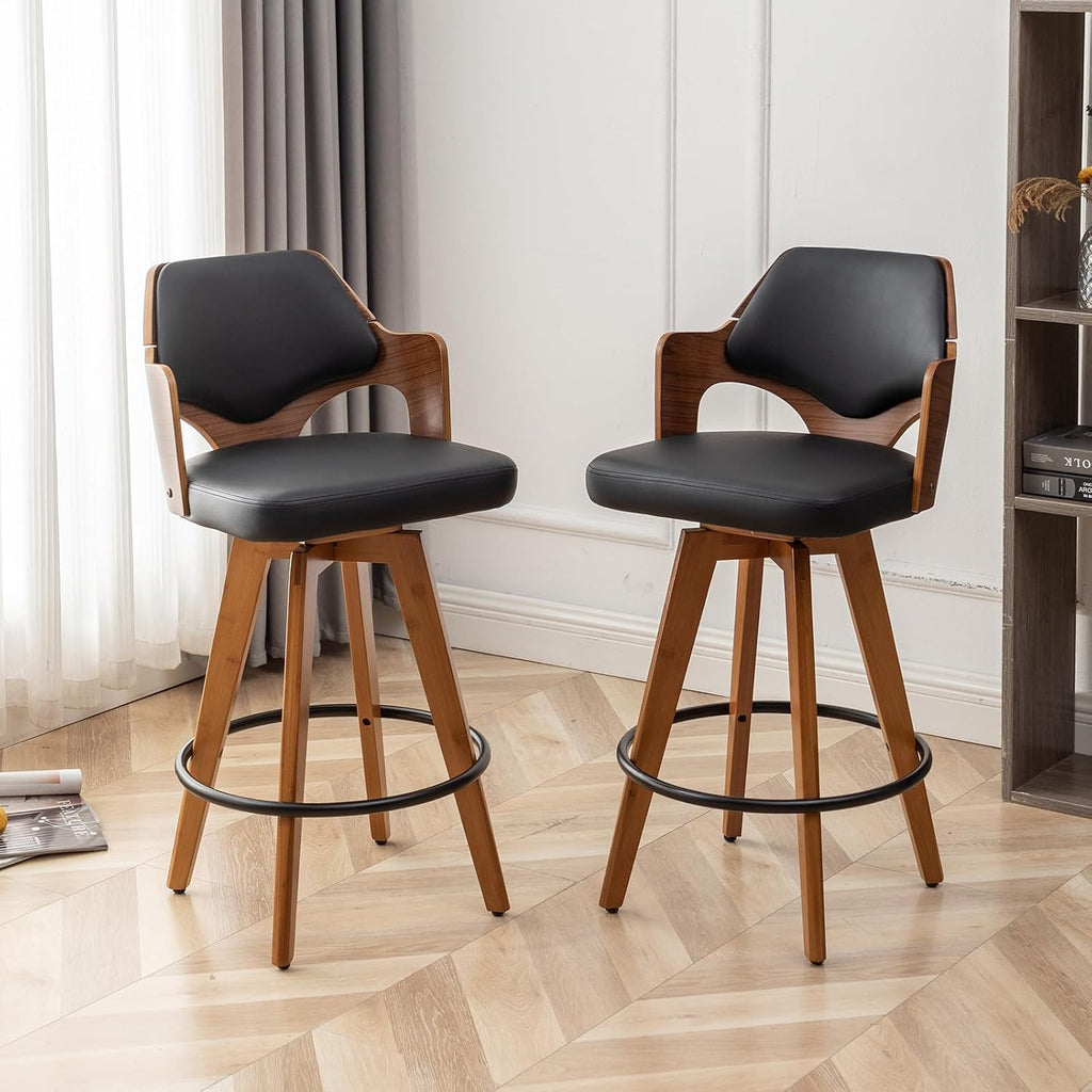 MEKLIBA Swivel Bar Stools Set of 2,30 Inch Bar Height Bar Stools,Upholstered Bar Chair with Bamboo Legs,Low Back Bar Stool for Kitchen Island (Black-PU)