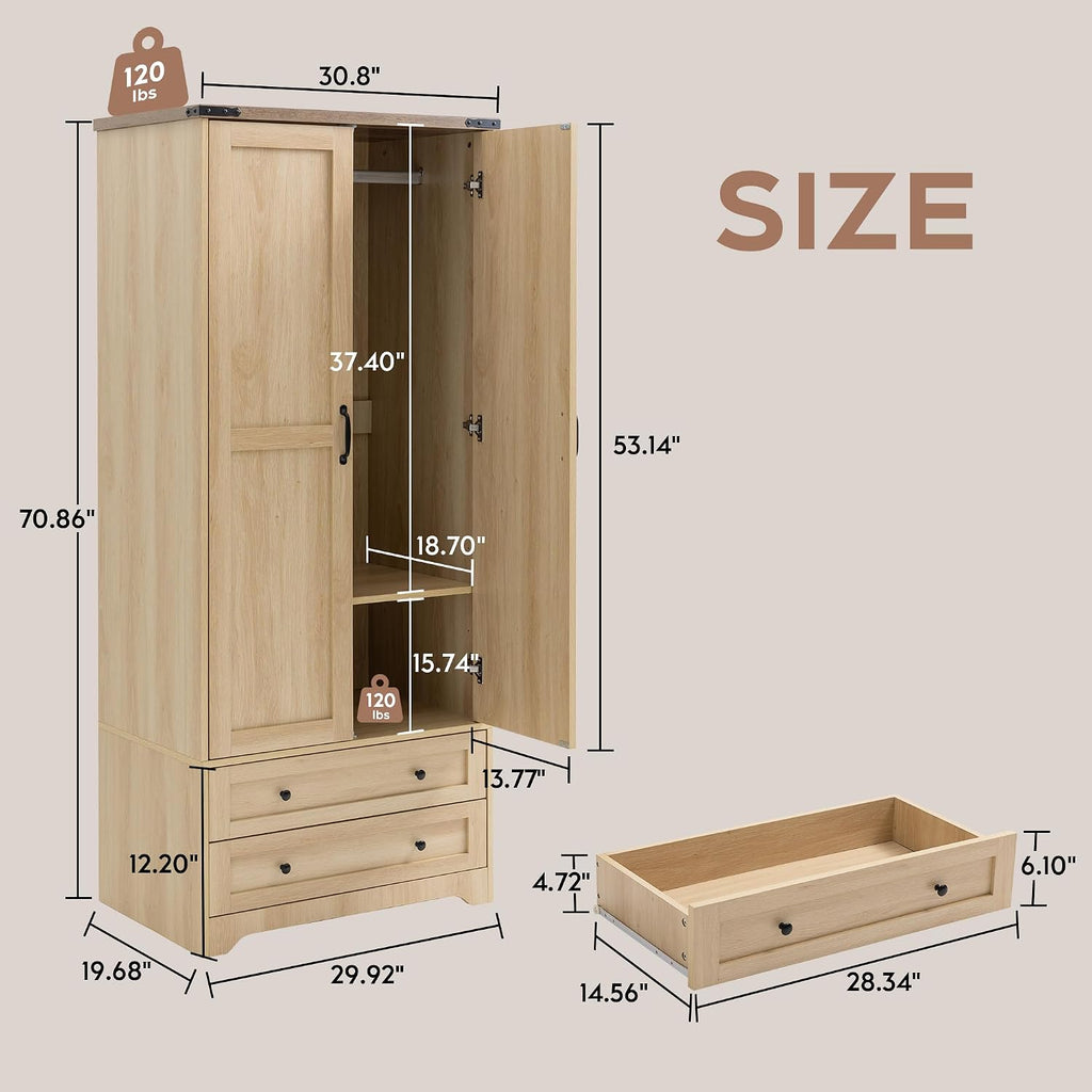 Brafab 2 Doors Wooden Armoire Wardrobe Closet with 2 Drawers, Natural | 2 Modern Doors, Freestanding, with Drawers and Hanging Rail, Wooden Storage Cabinet with Shelf, for Bedroom