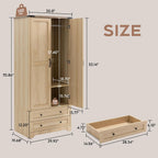 Brafab 2 Doors Wooden Armoire Wardrobe Closet with 2 Drawers, Natural | 2 Modern Doors, Freestanding, with Drawers and Hanging Rail, Wooden Storage Cabinet with Shelf, for Bedroom