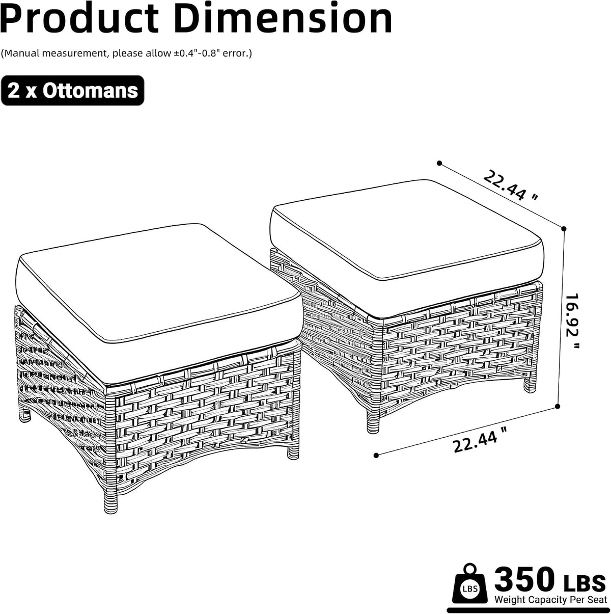 HOOOWOOO Upgraded 2 Pieces Outdoor Wicker Patio Furniture Set, Water Resistant Rattan Ottomans for Garden, Poolside, Porch