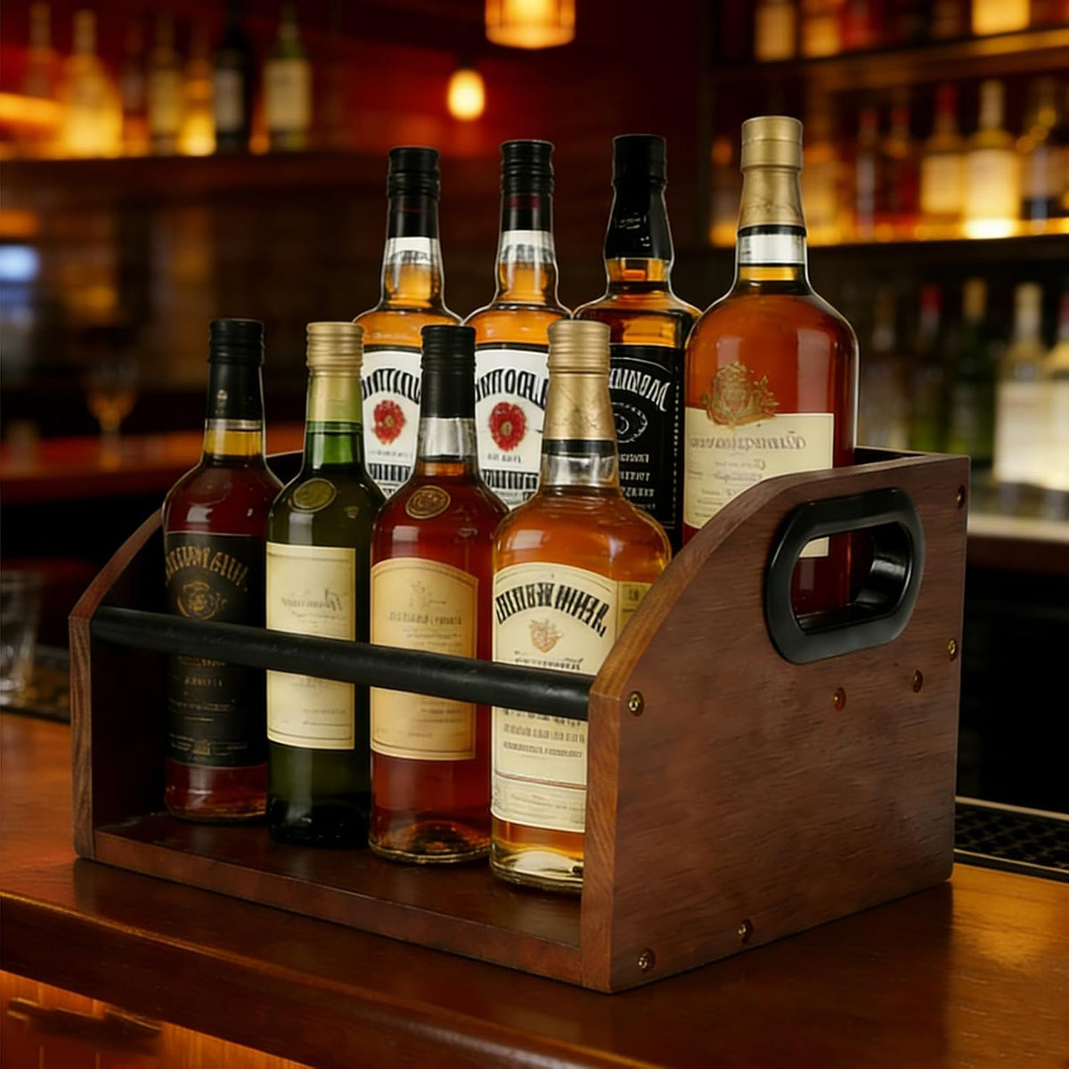 Wooden Wine Rack Display Shelf, 2-Tier Countertop Organizer and Liquor Bottle Display Shelf for Home Bar, Wine Bottle Holder with Open Front Storage, Rustic Bar Accessories Stand for Cabinet