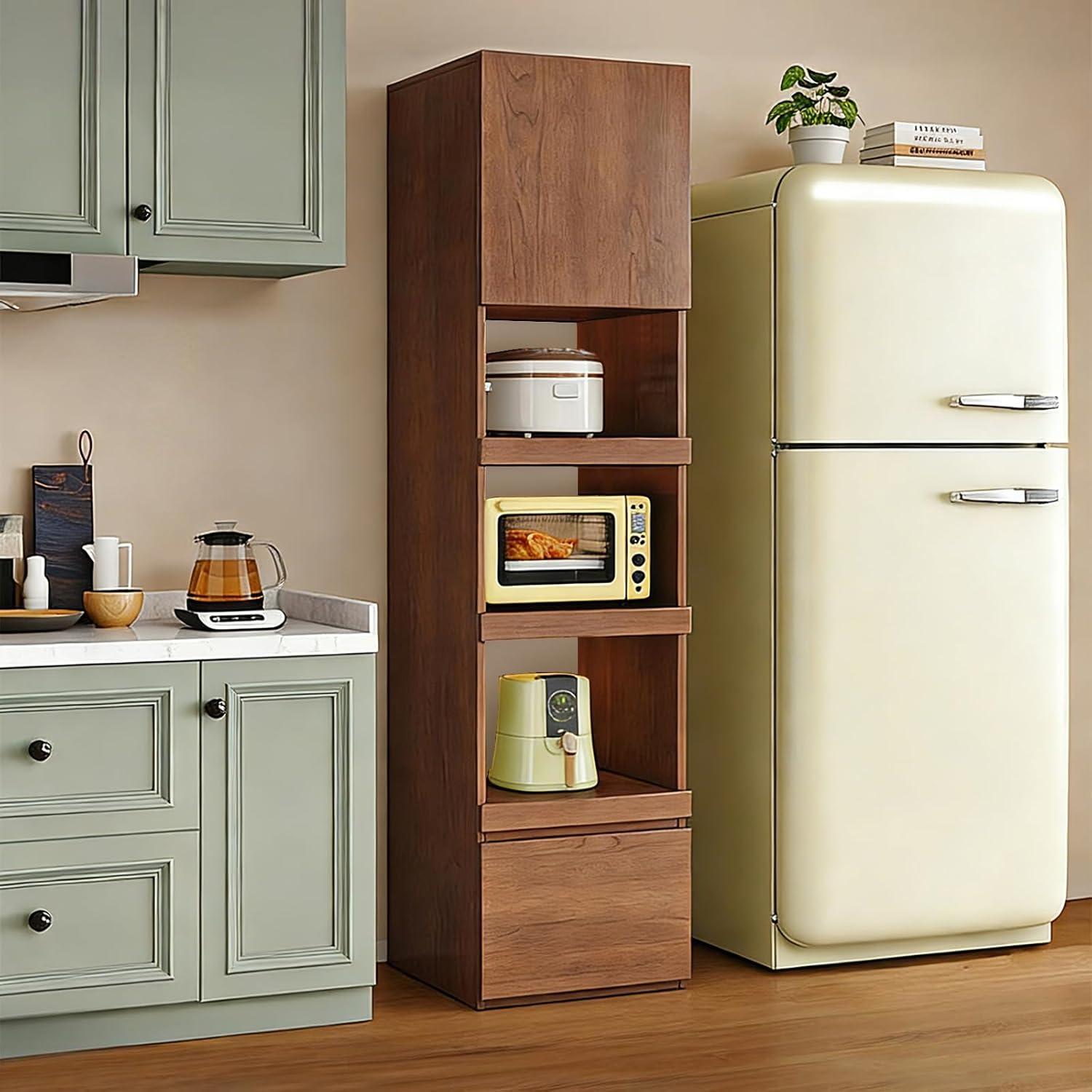 LINLIUA 71'' Tall Kitchen Pantry Cabinet, Wood Pantry Storage Cabinet with Doors, 3 Pull-Out Shelves and Drawer, Modern Slim Kitchen Hutch for Dining Room Small Space
