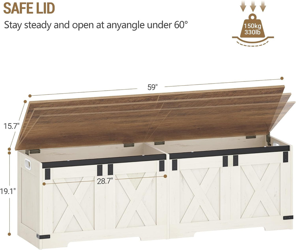 Hzuaneri 59" Farmhouse Storage Chest and Bench | 70 Gal | 330lb Seat | Soft-Close Hinges | Retro White | Shoe and Blanket Storage for Bedroom, Living Room, Entryway | Easy Assembly | SB15014X