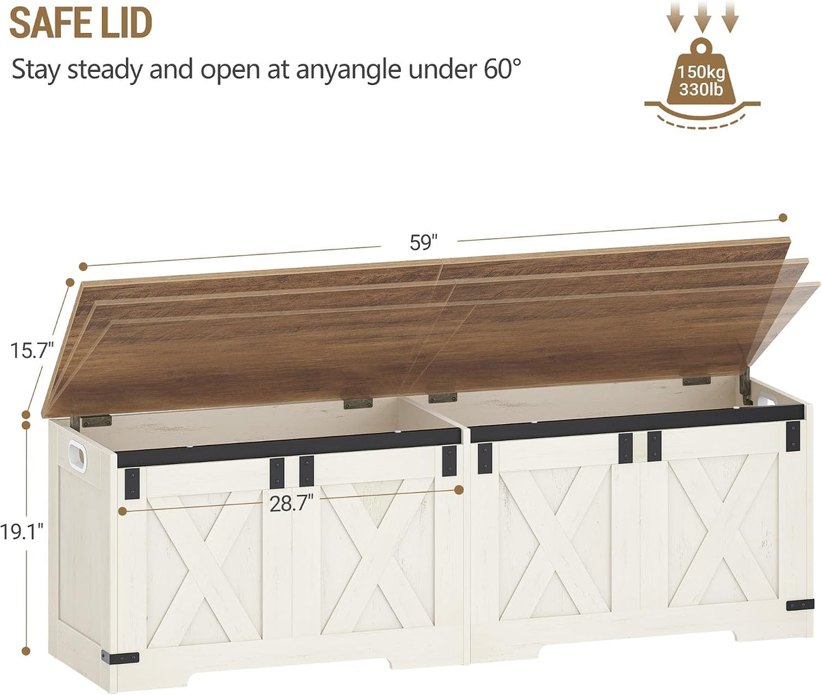 Hzuaneri 59" Farmhouse Storage Chest and Bench | 70 Gal | 330lb Seat | Soft-Close Hinges | Retro White | Shoe and Blanket Storage for Bedroom, Living Room, Entryway | Easy Assembly | SB15014X