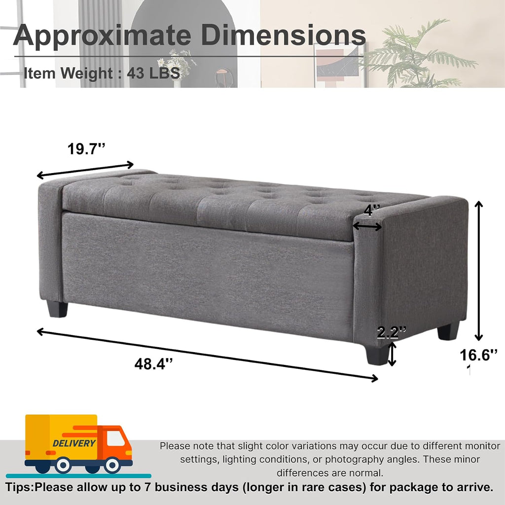 Storage Bench for Bedroom, 48.4'' End of Bed Grey Ottoman Lined Fabric Upholstered Shoe Bench for Entryway, Hallway, Bedroom, Cloakroom, Living Room, Grey.