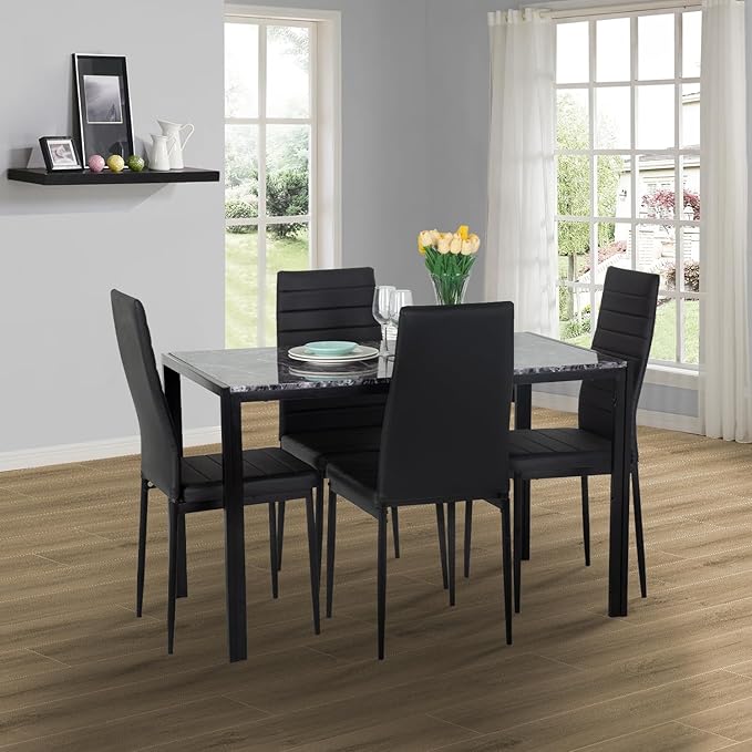 PayLessHere Dining Table and Chairs Set, Modern Rectangular Marble Table top with 4 Chairs PU Leather for Dining Room and Kitchen, Black Marble