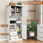 Bigbiglife Farmhouse Kitchen Pantry Cabinet with LED Lights and Power Strip, Tall Kitchen Storage Cabinet, Kitchen Hutch with Microwave Stand & Barn Doors and Drawers for Dining Room (White)