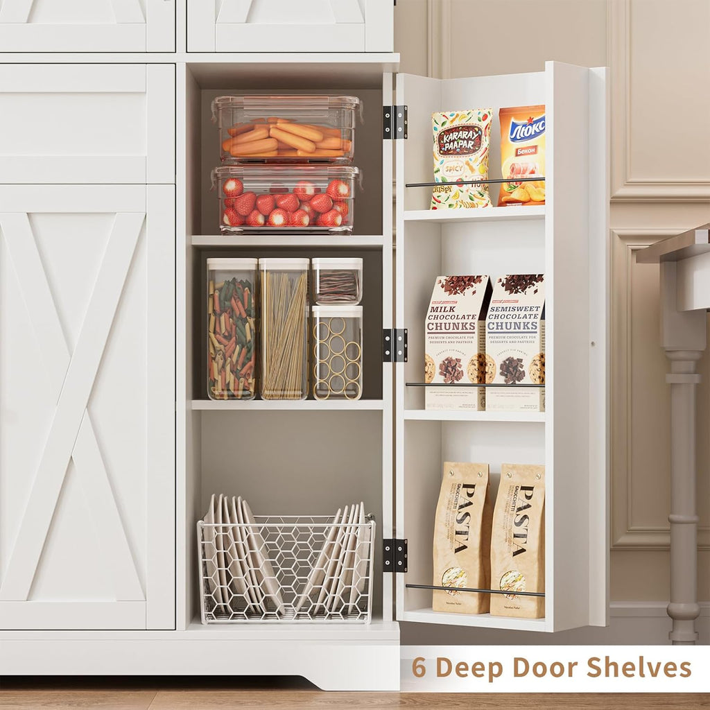 68" Tall Kitchen Pantry Stoarge Cabinet, Freestanding Kitchen Hutch with 6 Door Shelves & Large Drawer, Modern Food Pantry with Adjustable Shelf for Dining Room, Living Room, White
