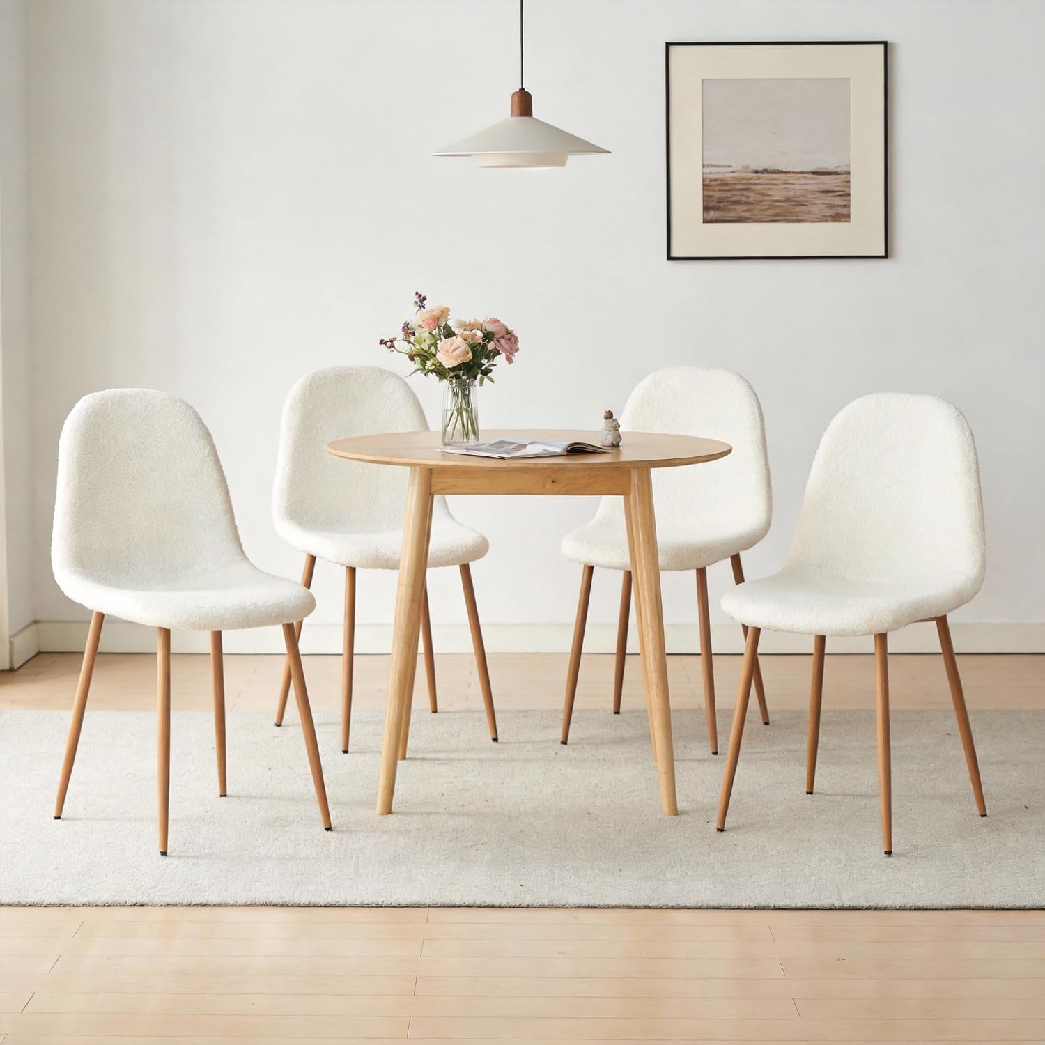Small Dining Table Set for 4, Modern Round Dining Table with 4 Teddy Fleece Dining Chairs in Metal Legs, Easy Assembly for Compact Spaces - White