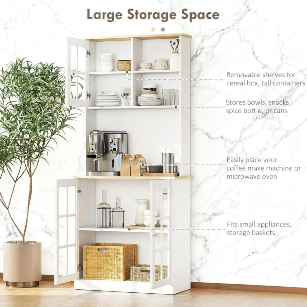 Oak+White Large Countertop Kitchen Pantry Cabinet, Freestanding Storage Cabinet with Hutch & Glass Doors, Adjustable Shelves Cabinet for Kitchen Living Room, 31.5x14.5x72 Inches